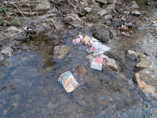Trash and debris in stream