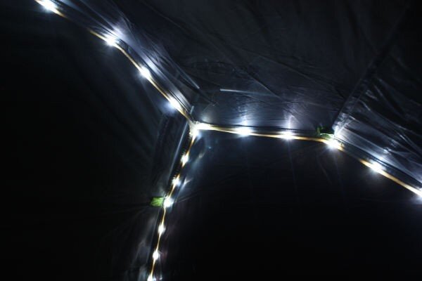 The LEDs illuminated at night. Image from REI.