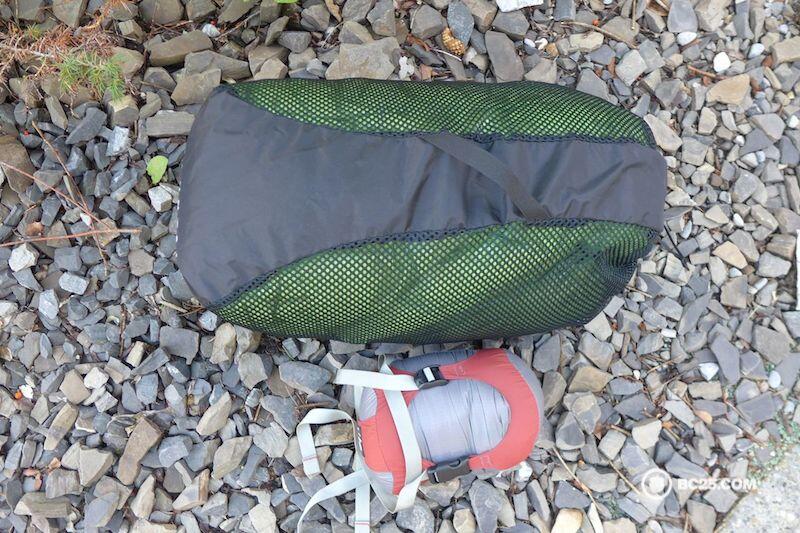 Storage sack and compression sack shows good comparison how small a down sleeping bag can pack and how big it should be when stored.